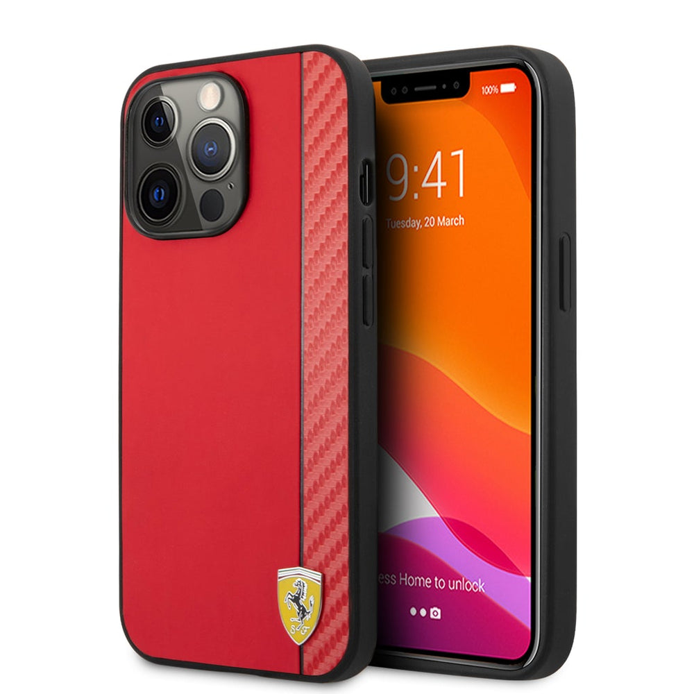 Ferrari Leather Black PU Carbon Design With Central Stripe Case for iPhone 13 Pro Max